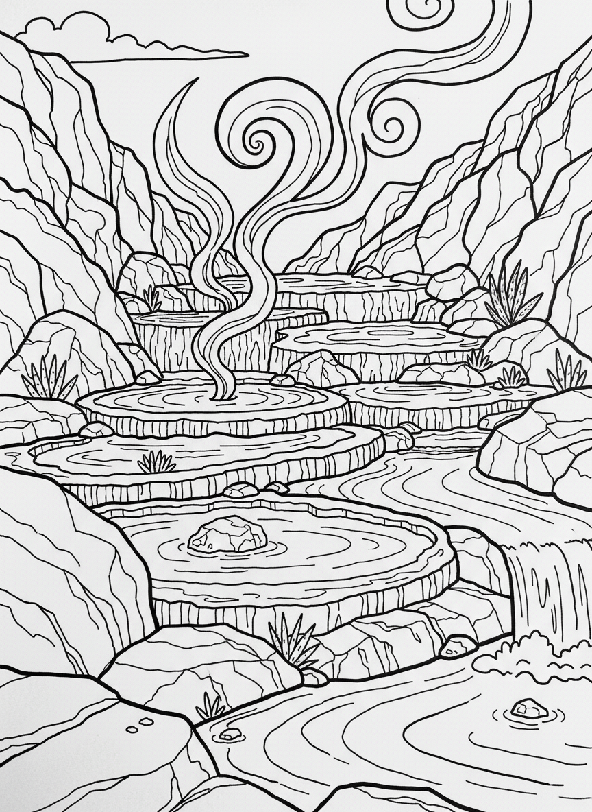 Hot springs with steam rising from colorful mineral pools, surrounded by rocks and small plants, terraced formations visible in the background.