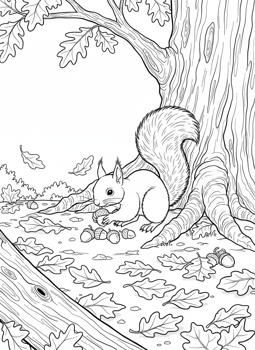 A busy squirrel gathering acorns near the base of an oak tree, with autumn leaves scattered on the ground.