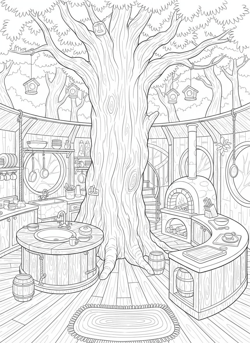 Overhead view of a circular treehouse kitchen with the tree trunk in the center and cooking stations arranged around it.