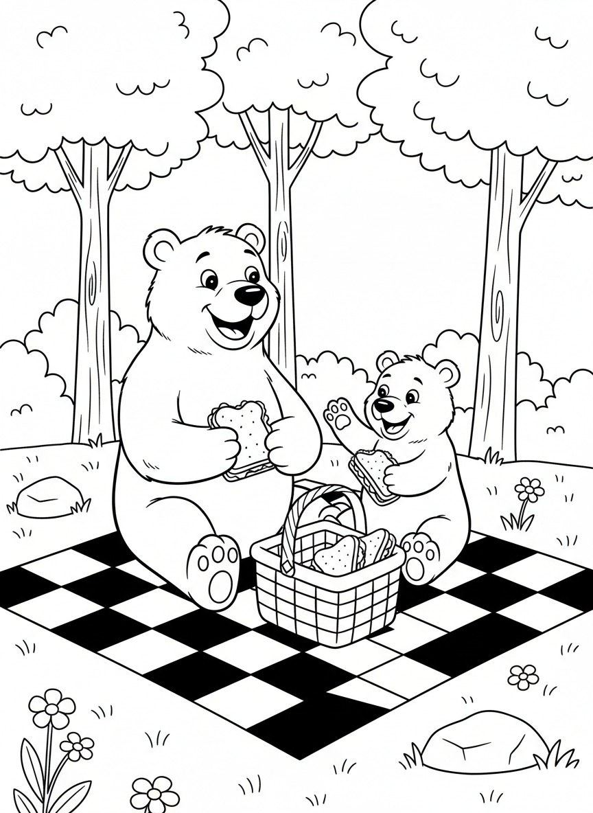 A happy family of bears having a picnic on a checkered blanket in a forest clearing, with a picnic basket and sandwiches.