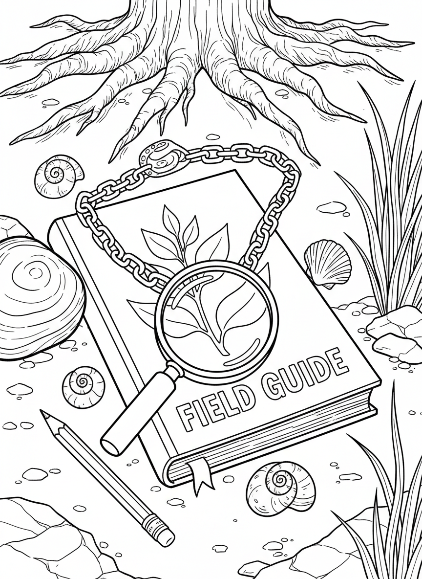 A magnifying glass on a chain necklace lying on top of a closed field guide, with small shells and a pencil arranged artistically around them.