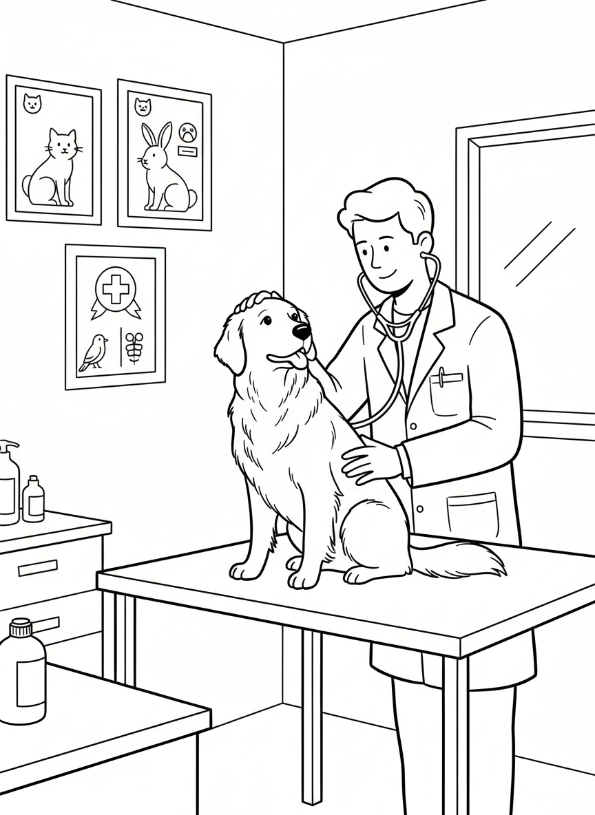 A veterinarian gently petting a dog on an examination table, with pet care posters on the wall behind them.