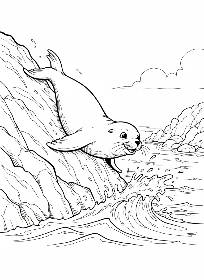 A sea lion sliding down a wet, slippery rock into the ocean water below, fun action moment.