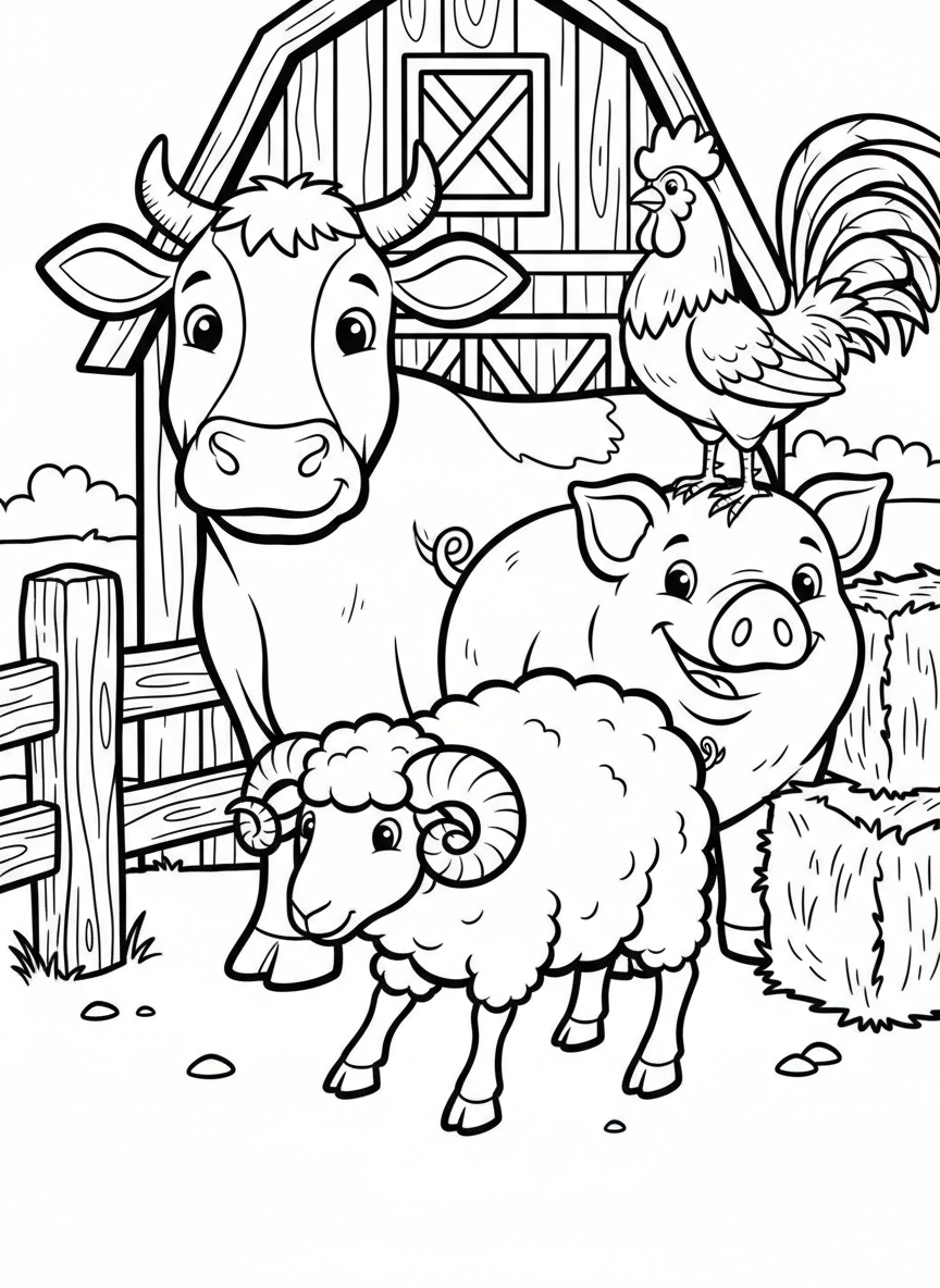 A group of farm animals including a cow, pig, chicken, and sheep gathered together in a barnyard, fun ensemble scene.