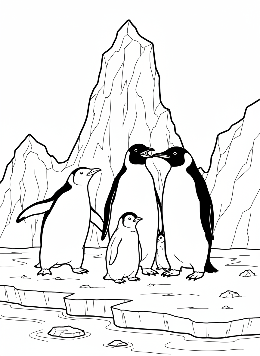 A group of five penguins standing together in different poses, creating a family scene on an ice shelf