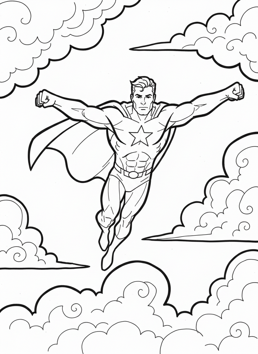 A brave superhero flying through clouds with a flowing cape, arms stretched forward in classic flight pose, simple costume with a star emblem on the chest