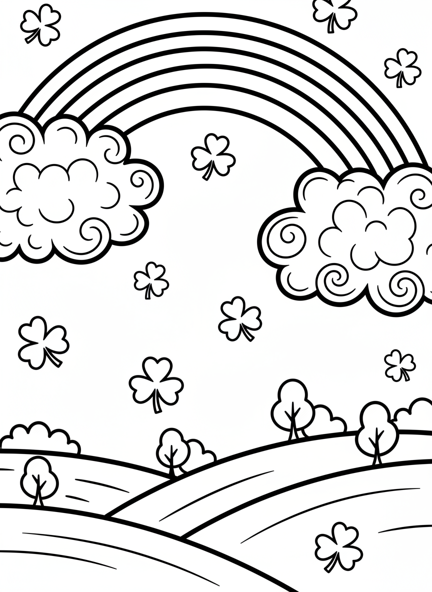A rainbow arching across the sky with fluffy clouds at each end, shamrocks floating in the air, and rolling hills below.