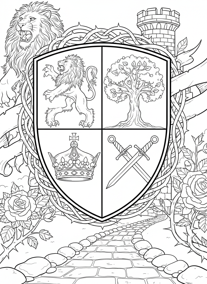 A coat of arms shield divided into quarters with different symbols: a lion, a tree, a crown, and crossed swords.