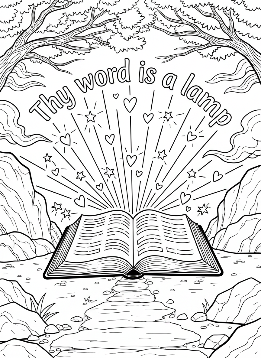 An open Bible book with rays of light shining from its pages, surrounded by small hearts and stars, with 'Thy word is a lamp' text.