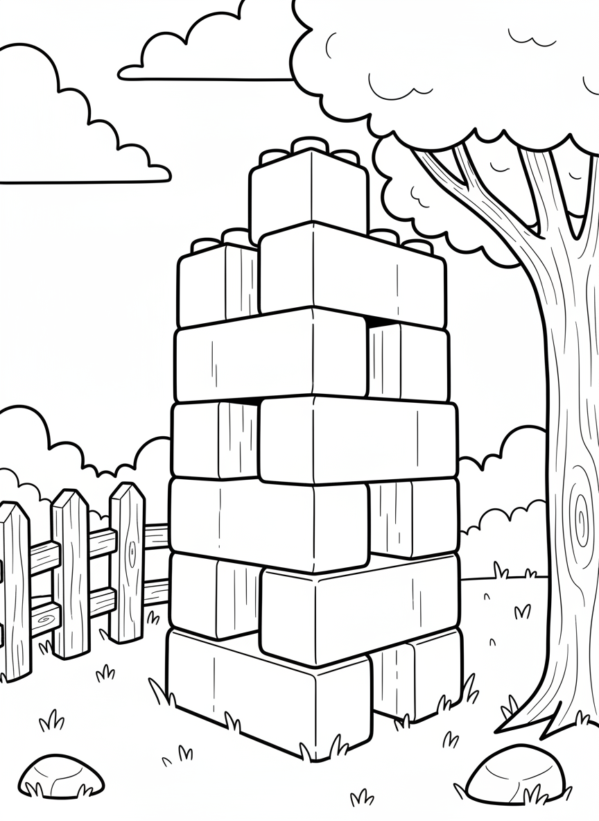 A simple toy brick tower with large rectangular blocks stacked in alternating directions, perfect for young children to color with bold outlines.