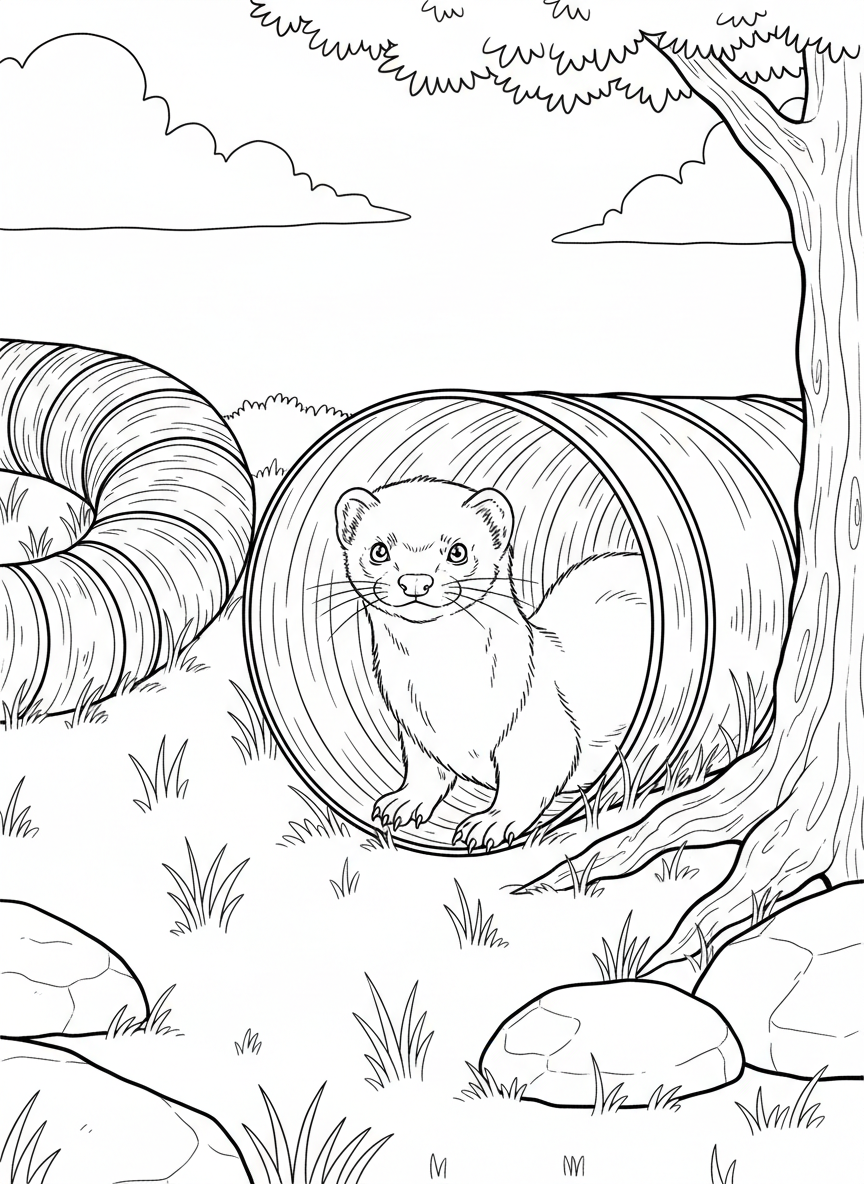 A ferret peeking out from a tunnel toy with curious expression, showing its long body and small paws.