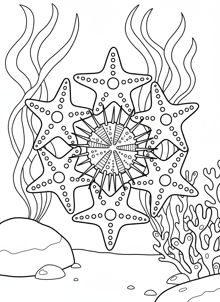 A group of five small starfish arranged in a circle around a central sea urchin, creating a mandala-like pattern for creative coloring.