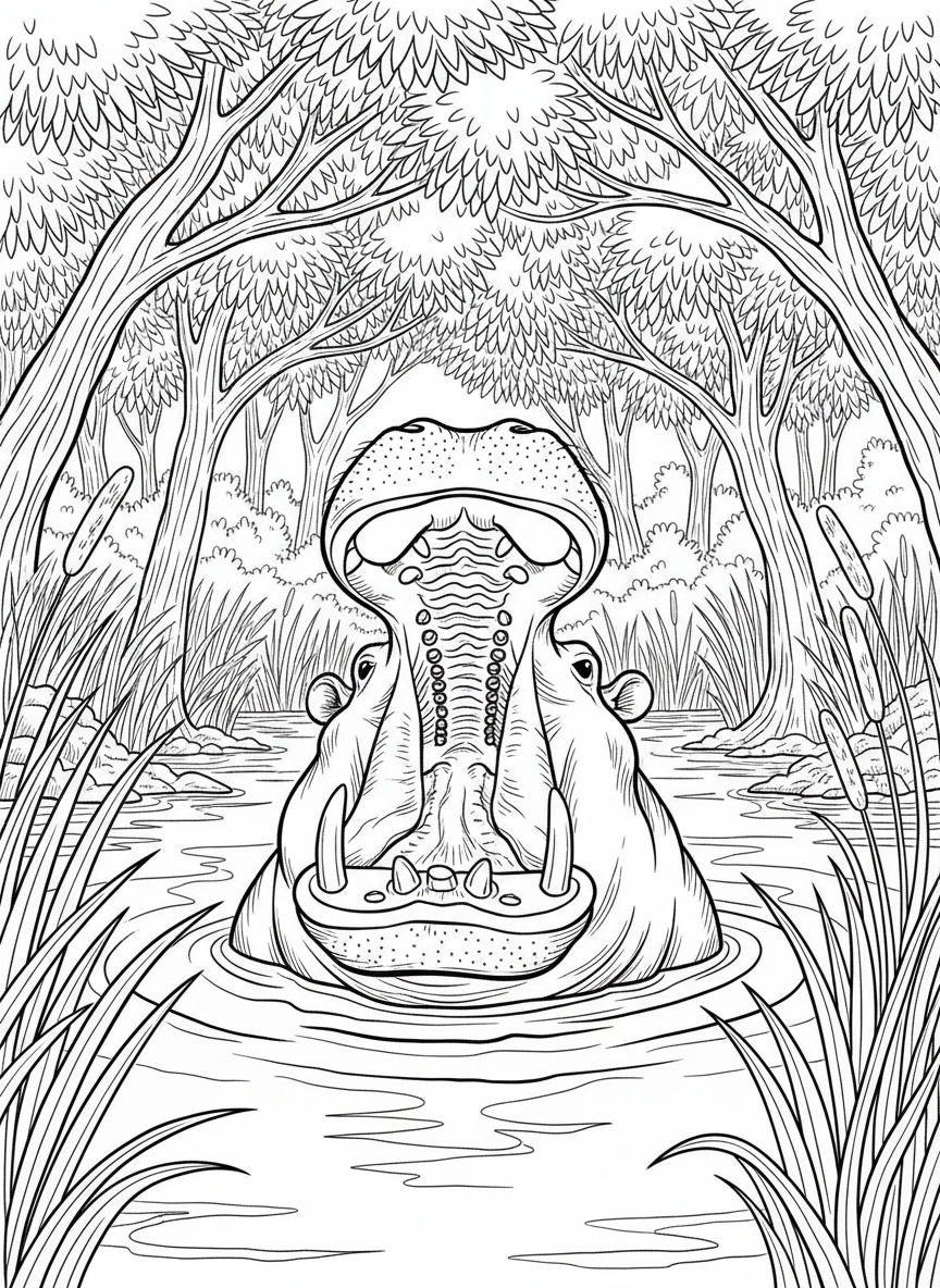 A hippopotamus with its mouth open wide, partially submerged in river water with reeds