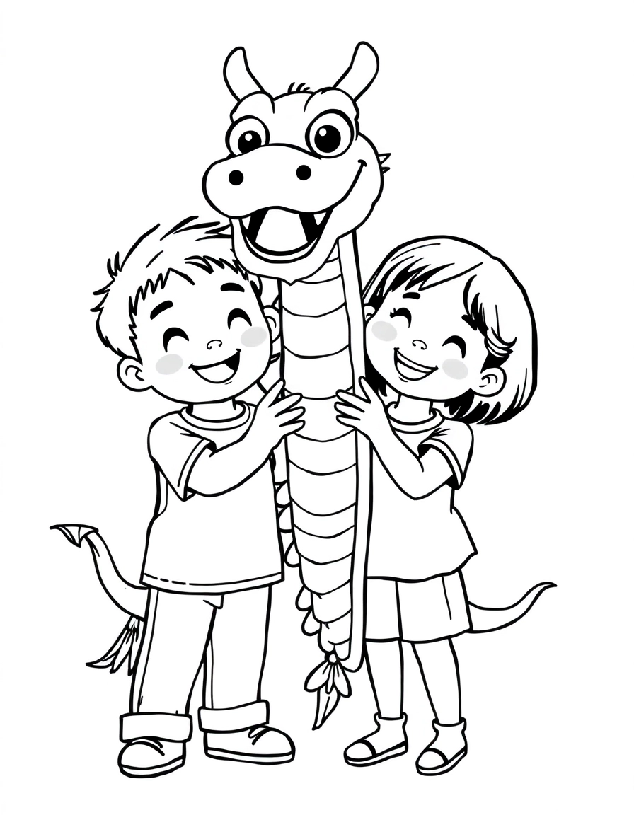 Dragon Dance: Two happy kids holding up a long, puppet dragon costume with big eyes and a wavy body.