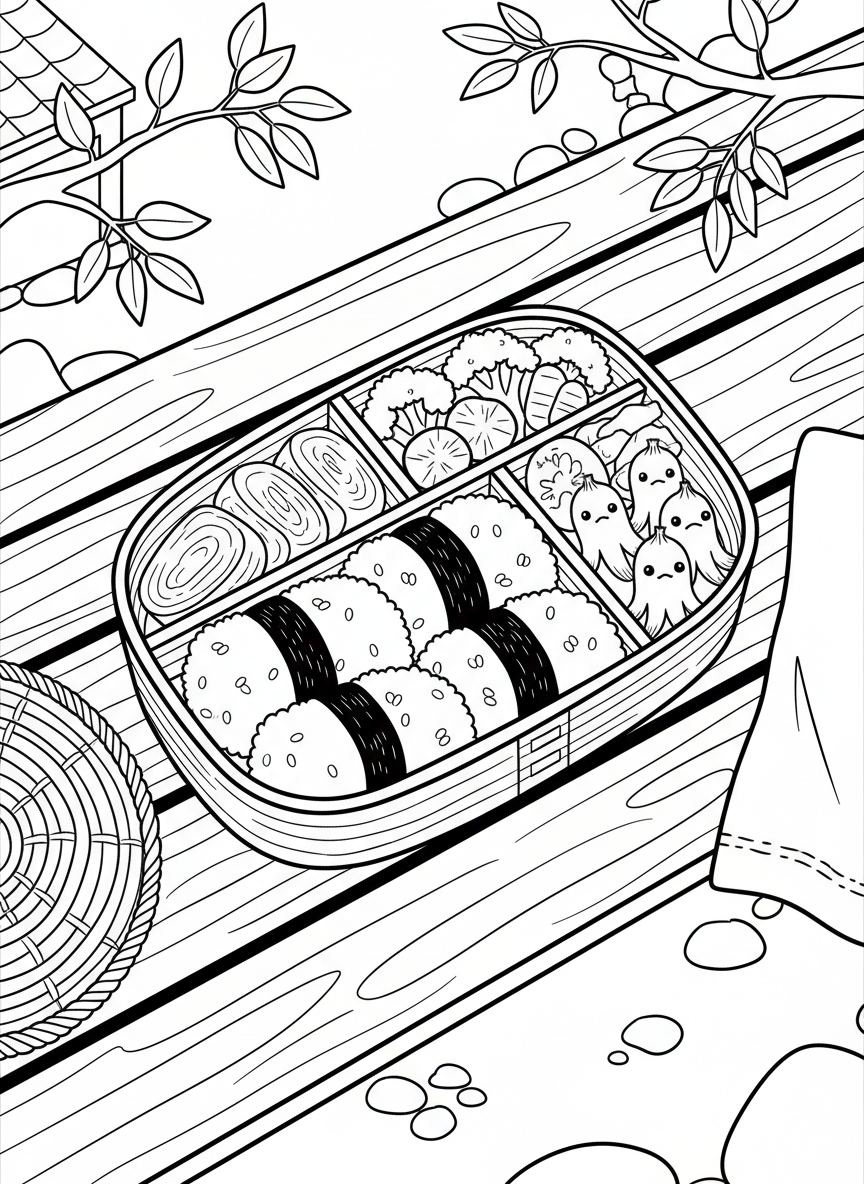 A detailed bento box filled with rice balls, tamagoyaki egg, vegetables, and octopus sausages arranged in compartments, top-down view