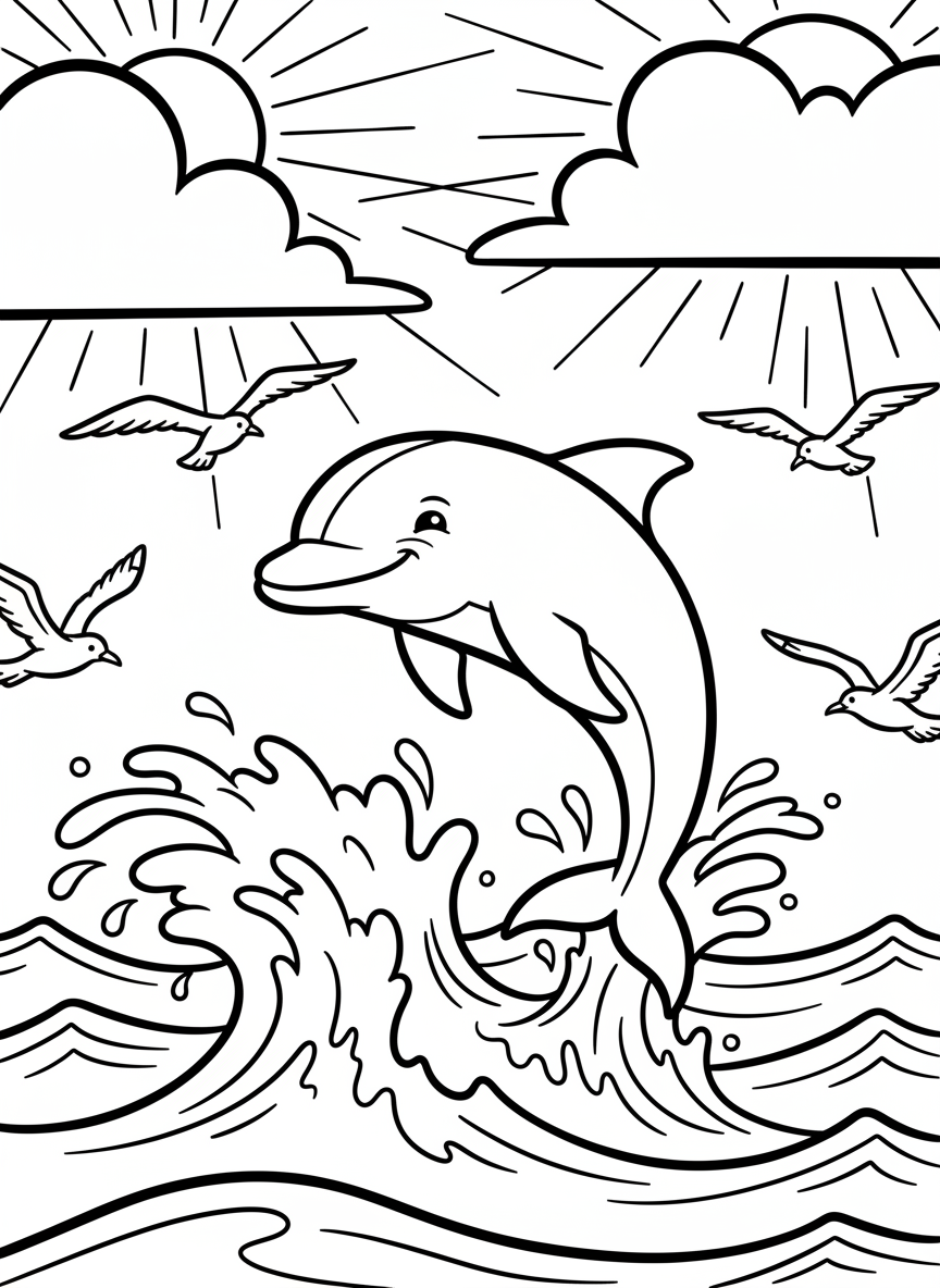 A playful dolphin jumping out of the ocean waves with seagulls flying in the background and a sunny sky above.