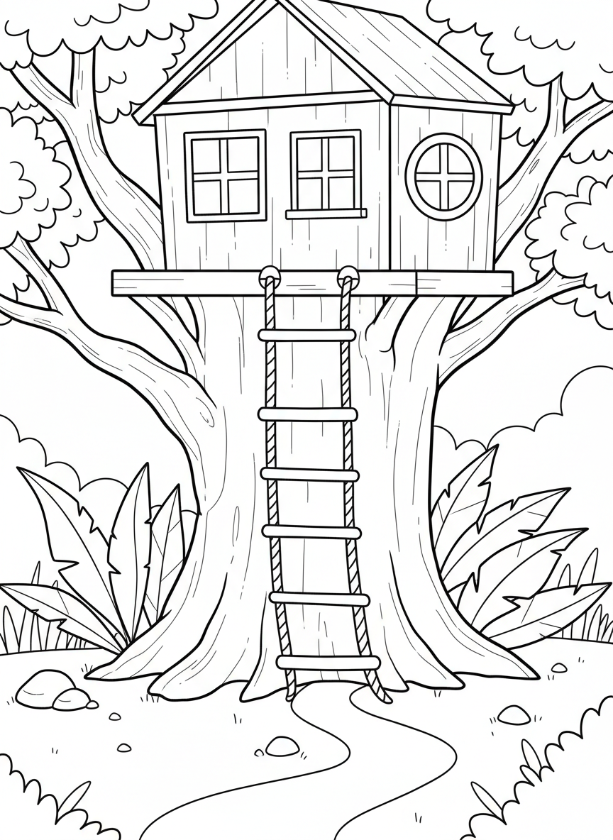 A rope ladder leading up to a treehouse-style play platform with windows and a roof
