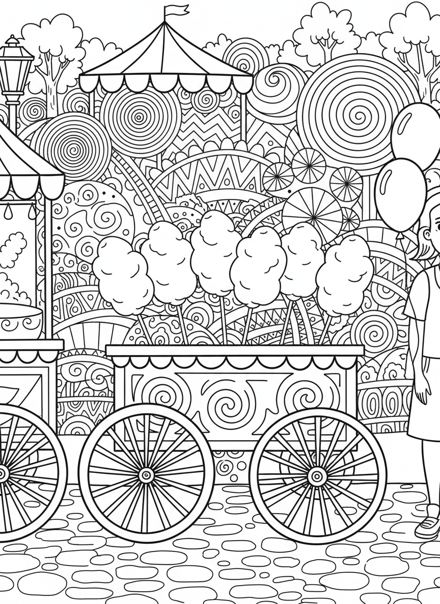 A cotton candy vendor cart at a fair with swirled cotton candy sticks, colorful decorative patterns and big wheels