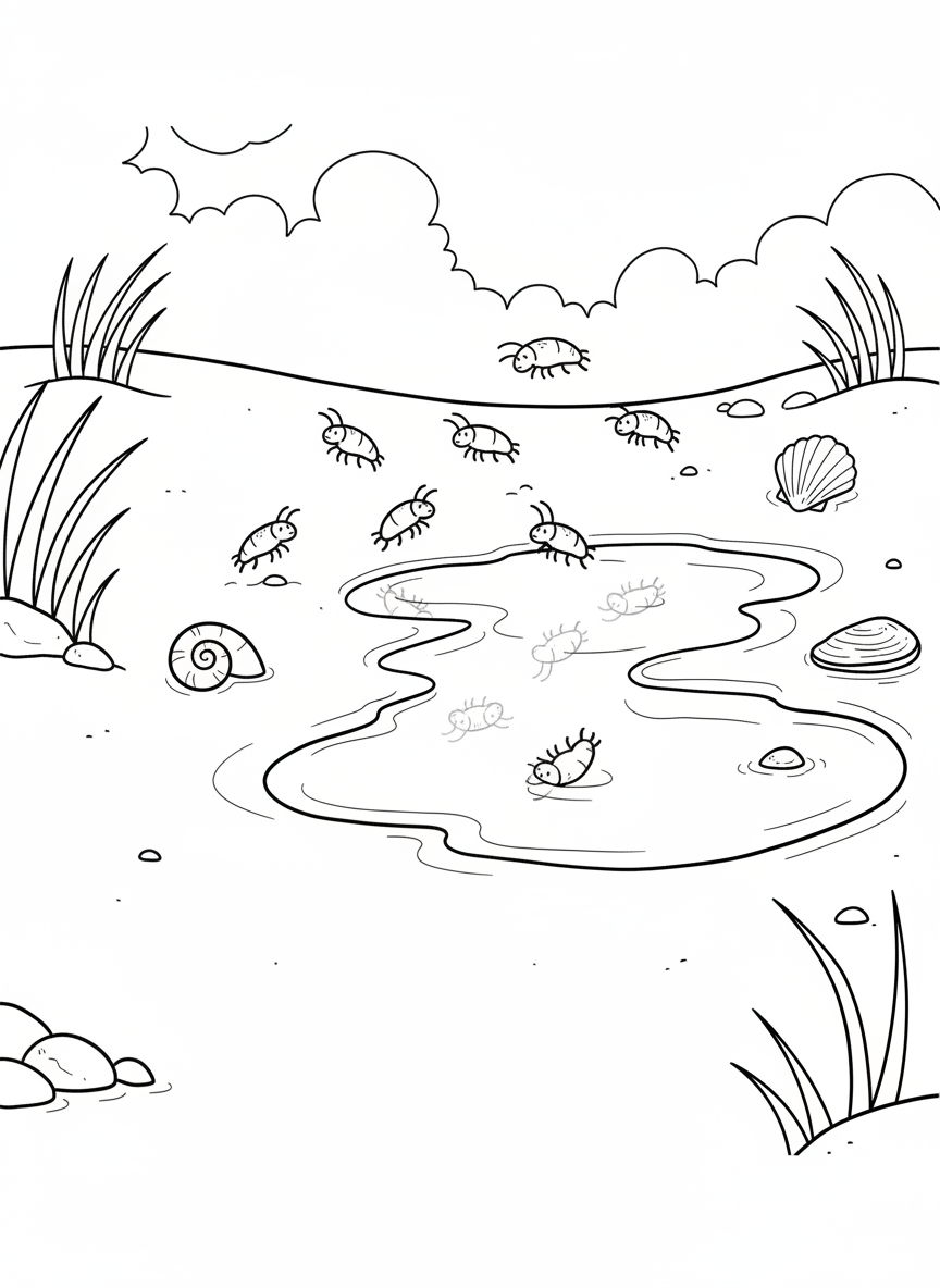 Group of tiny beach hoppers jumping on wet sand near tide pool edge, with simple beach grass and shells.