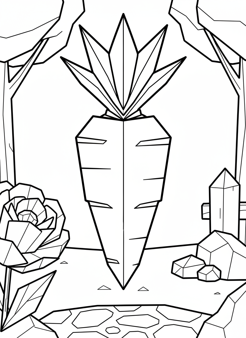 A cute origami carrot with geometric zigzag texture lines, angular leafy green tops, and triangular fold marks along the body.