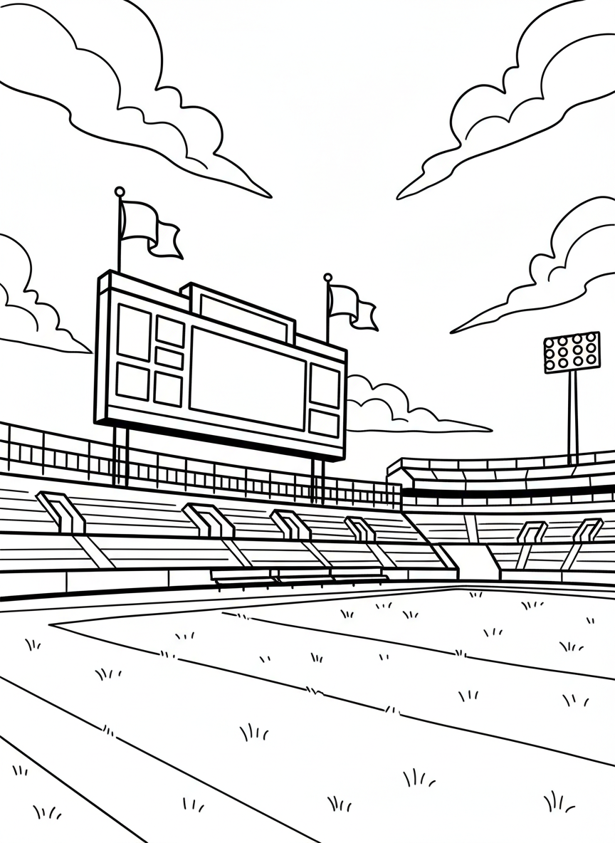A football stadium scoreboard showing game time, with flags waving on poles and clouds in the sky above.