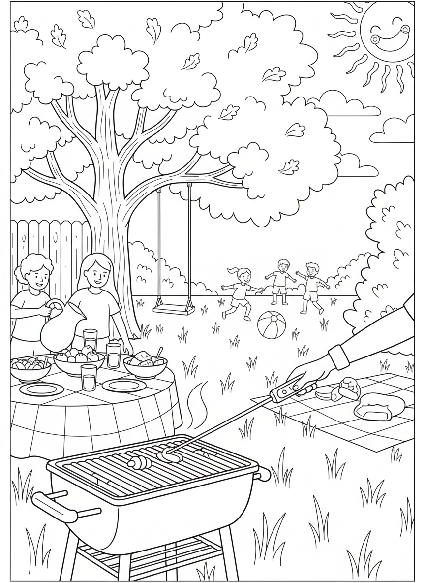 Memorial Day BBQ coloring page prompts highlighting backyard gatherings, grilling traditions, and the start of summer.	A calm pause as someone refills drinks and checks the grill temperature.