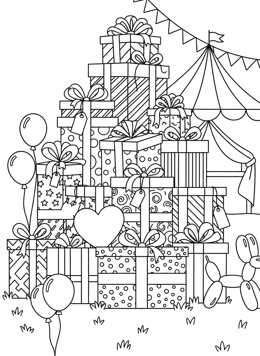 A stack of colorfully wrapped birthday presents in different sizes, topped with bows, ribbons, and gift tags.