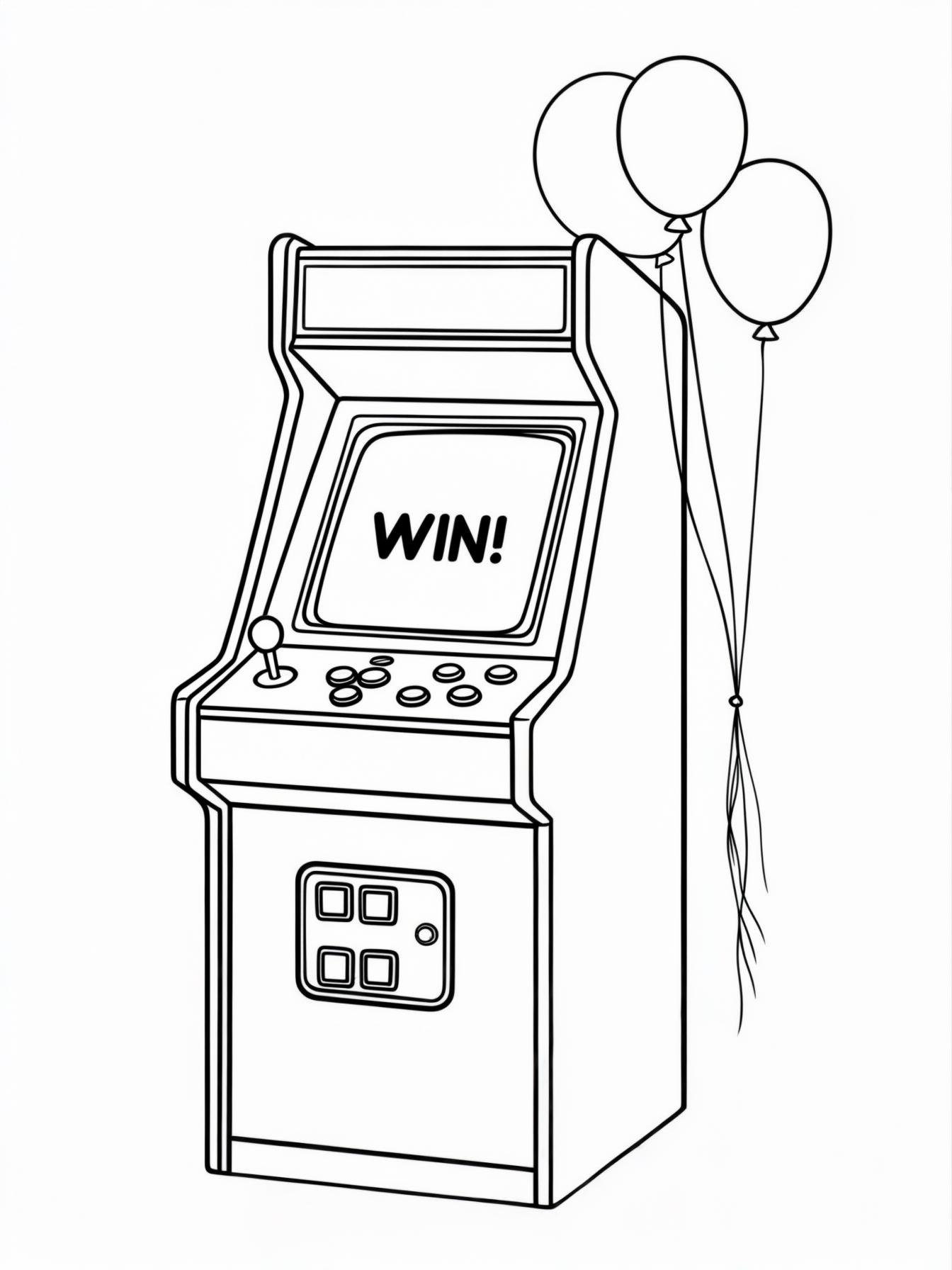 The Retro Arcade: An old-school arcade cabinet with a joystick and buttons, displaying a simple "WIN!" screen, with balloons tied to the side.