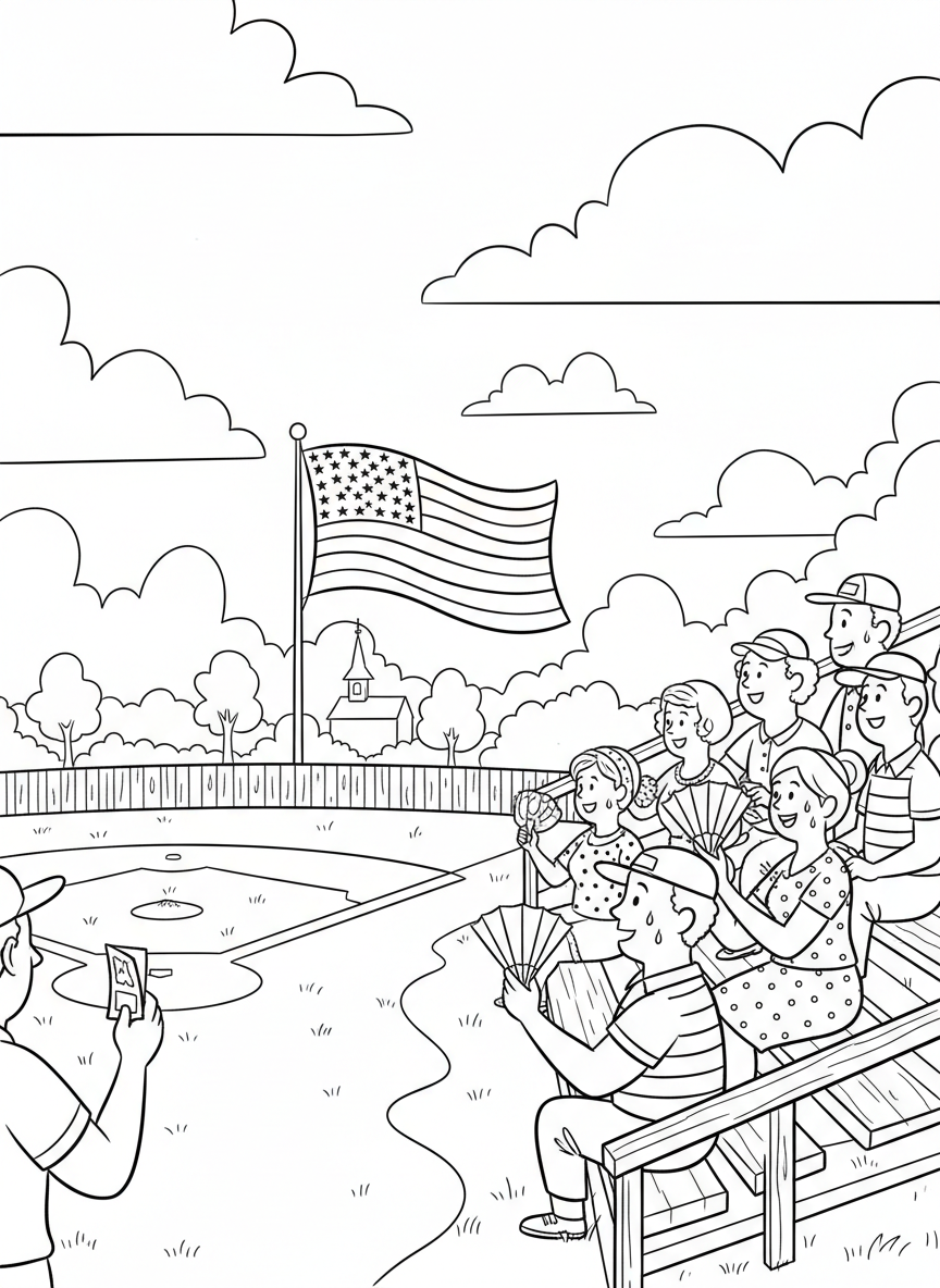 Fourth of July coloring page prompts celebrating summer patriotism, fireworks, parades, backyard traditions, and small-town American scenes.	A classic summer baseball field on Independence Day afternoon, spectators fanning themselves in the bleachers as an American flag waves proudly beyond the outfield fence.