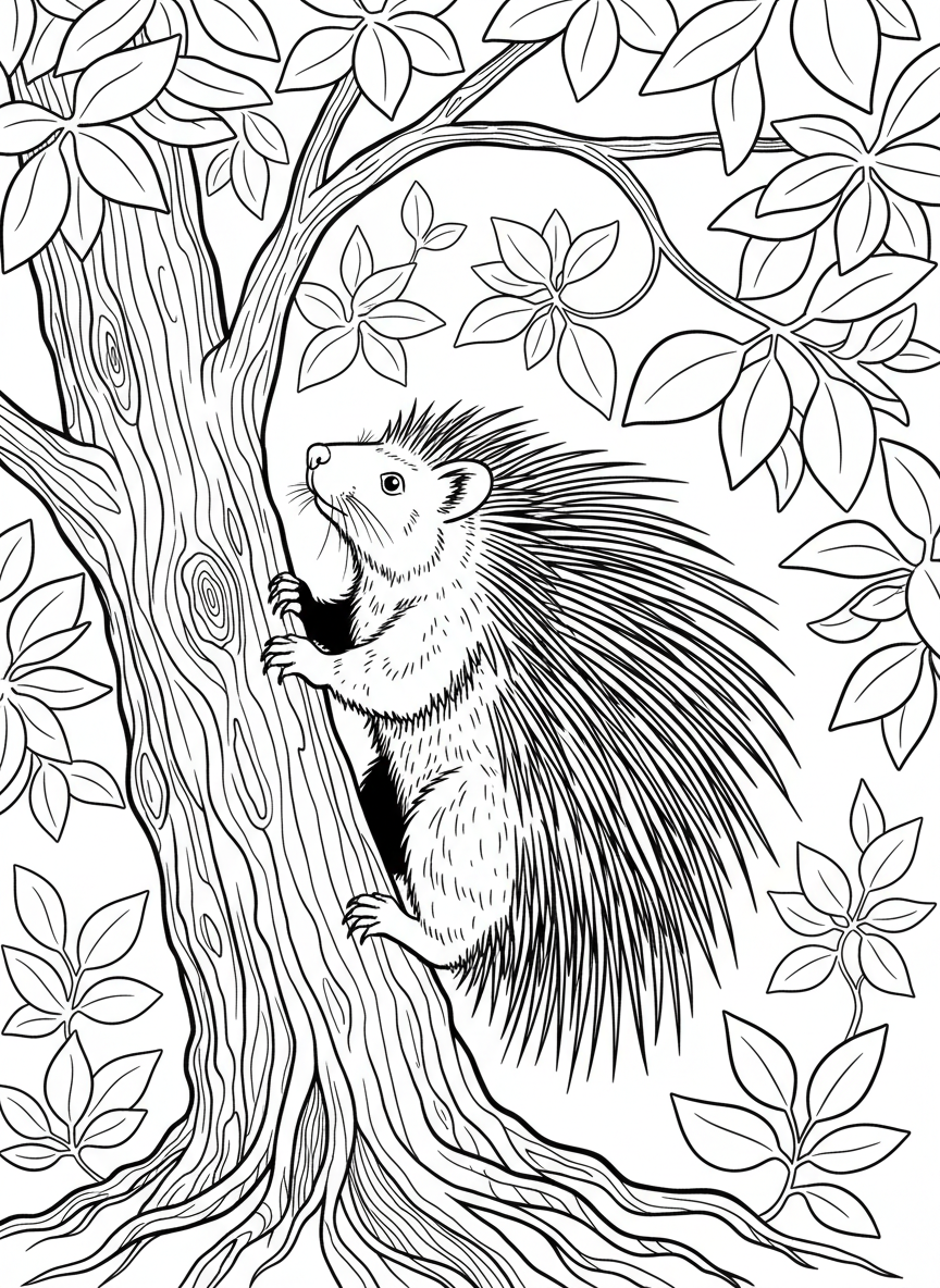 A porcupine climbing up a tree trunk, with detailed bark texture and forest foliage in the background.