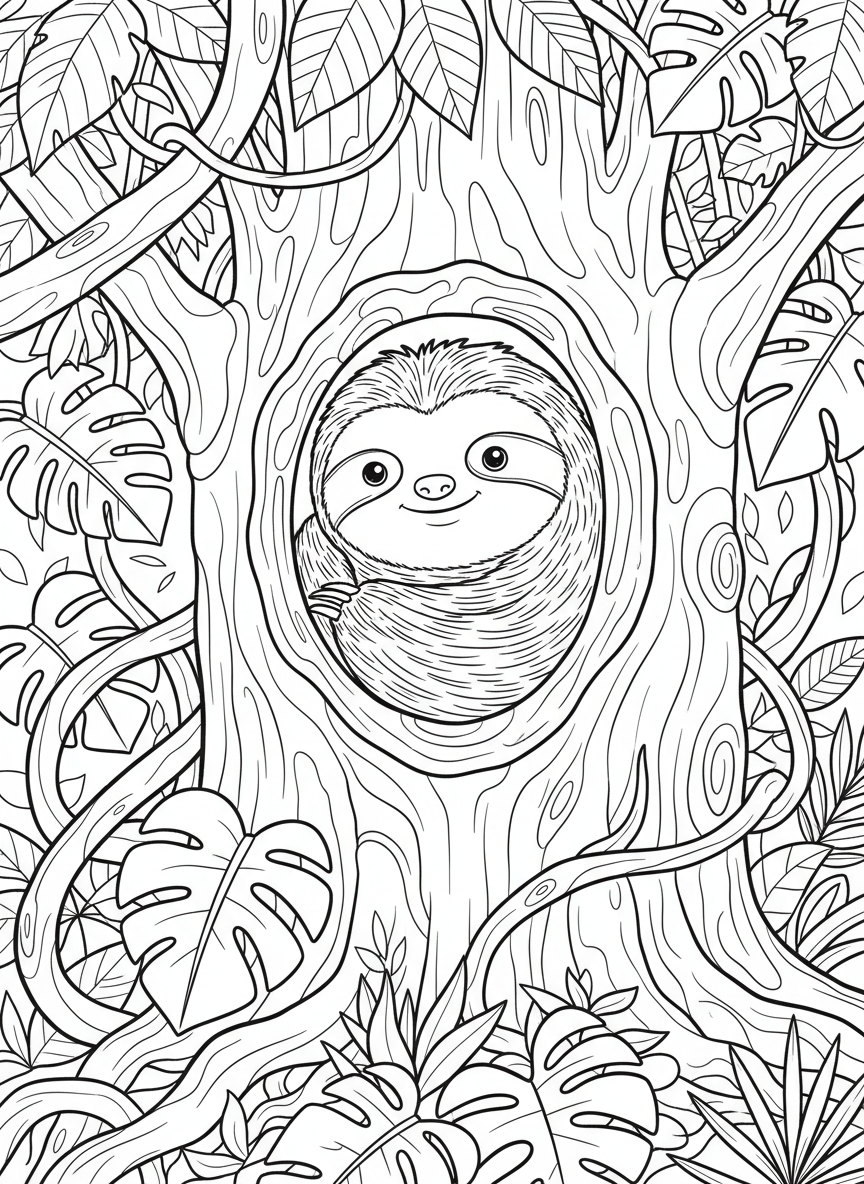 Detailed scene of a sloth in a tree hollow home, surrounded by intricate leaf patterns and jungle vines