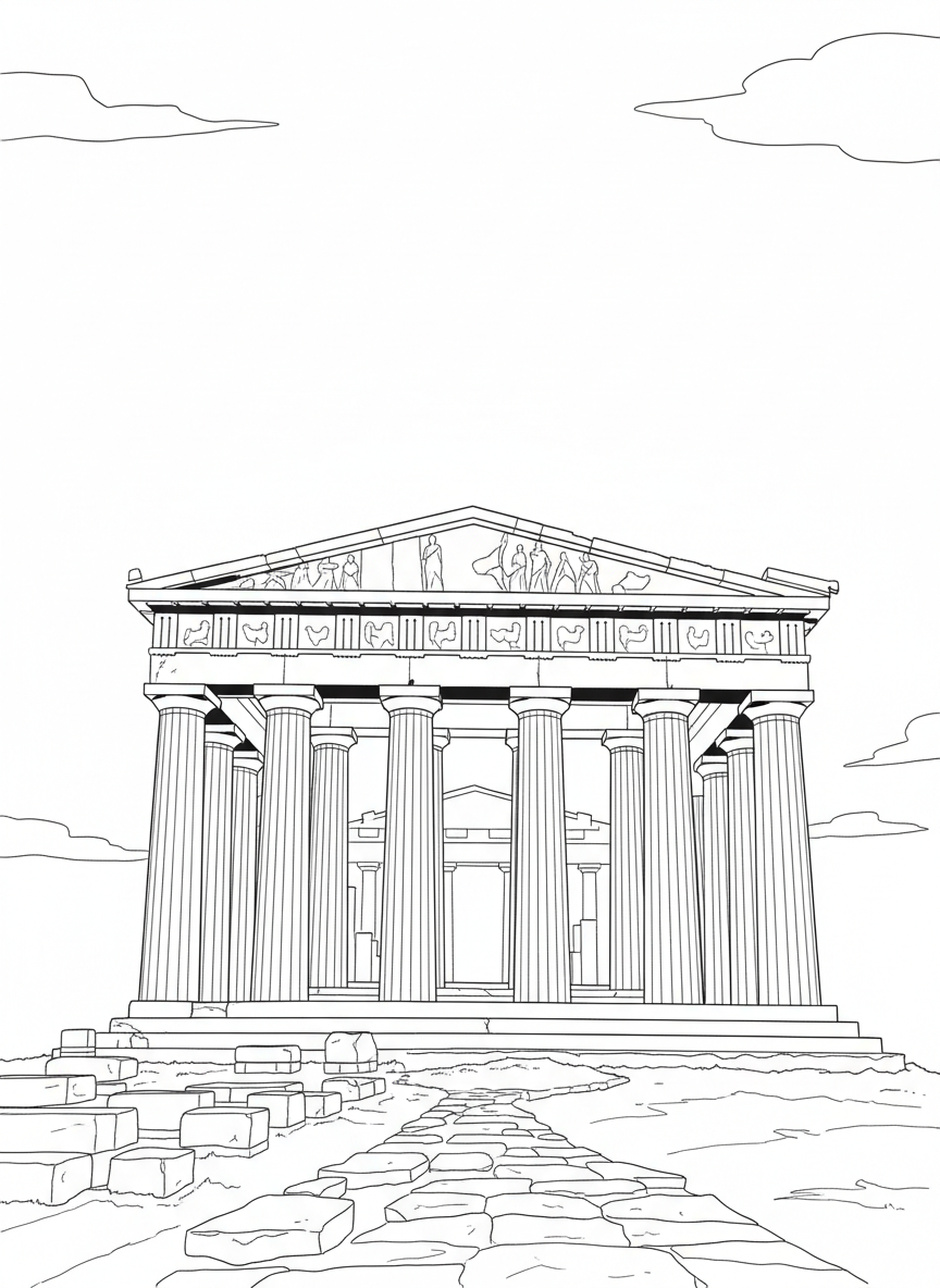 The Parthenon temple in Athens shown from the front, with detailed columns and triangular pediment, set against a clear sky.