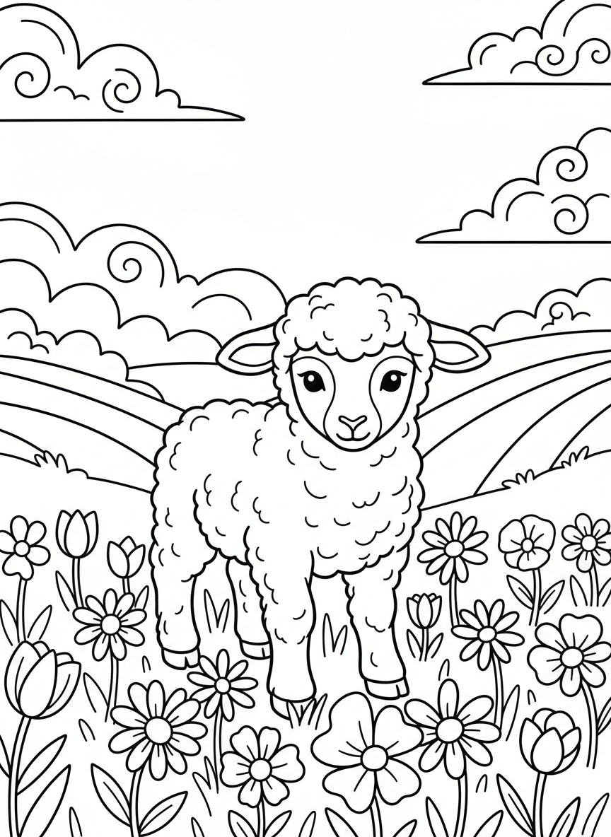 A cute lamb standing in a field of wildflowers with rolling hills and clouds in the background
