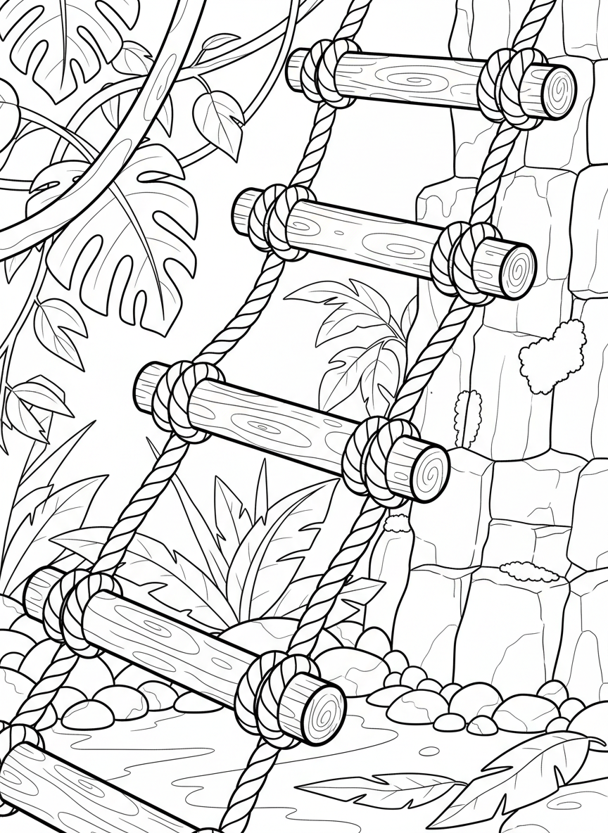 Close-up view of knotted rope ladder rungs with detailed rope texture and wooden steps, easy to color.