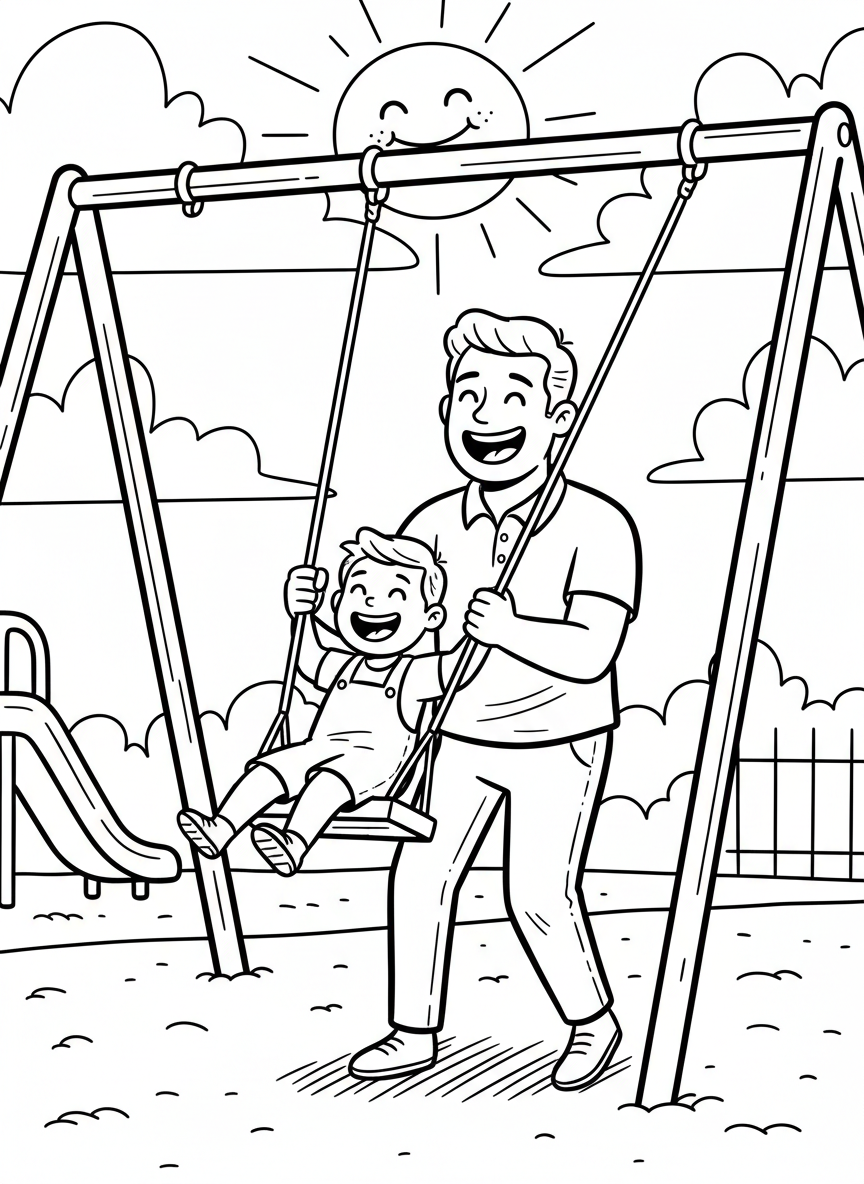 A dad pushing a child on a swing at the playground, both laughing happily, with clouds and sun in the background