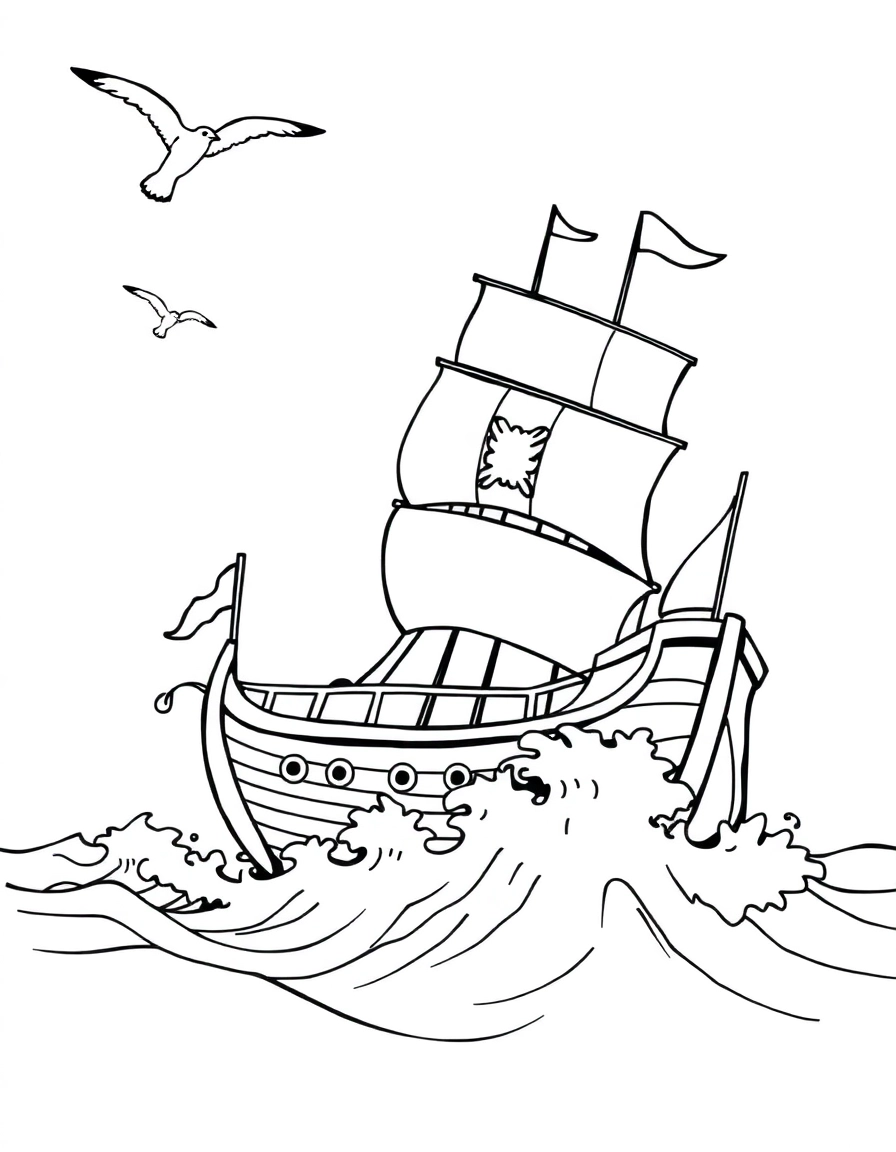 A pirate ship battling waves, seagulls flying overhead