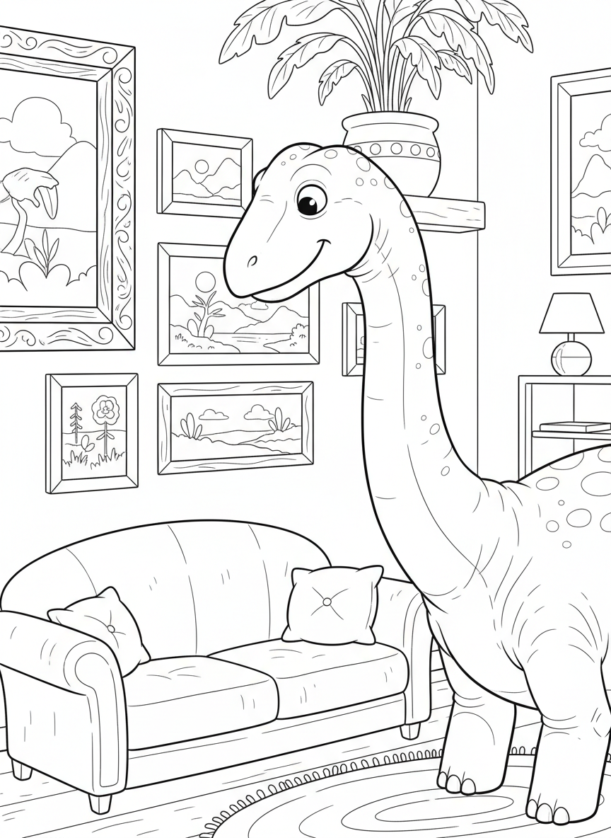 A gentle Apatosaurus looking at framed pictures on a gallery wall, cozy home decor scene with clear outlines