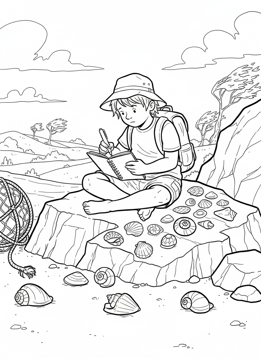 A child sitting on a rock writing observations in a waterproof notebook, with collected shells arranged nearby