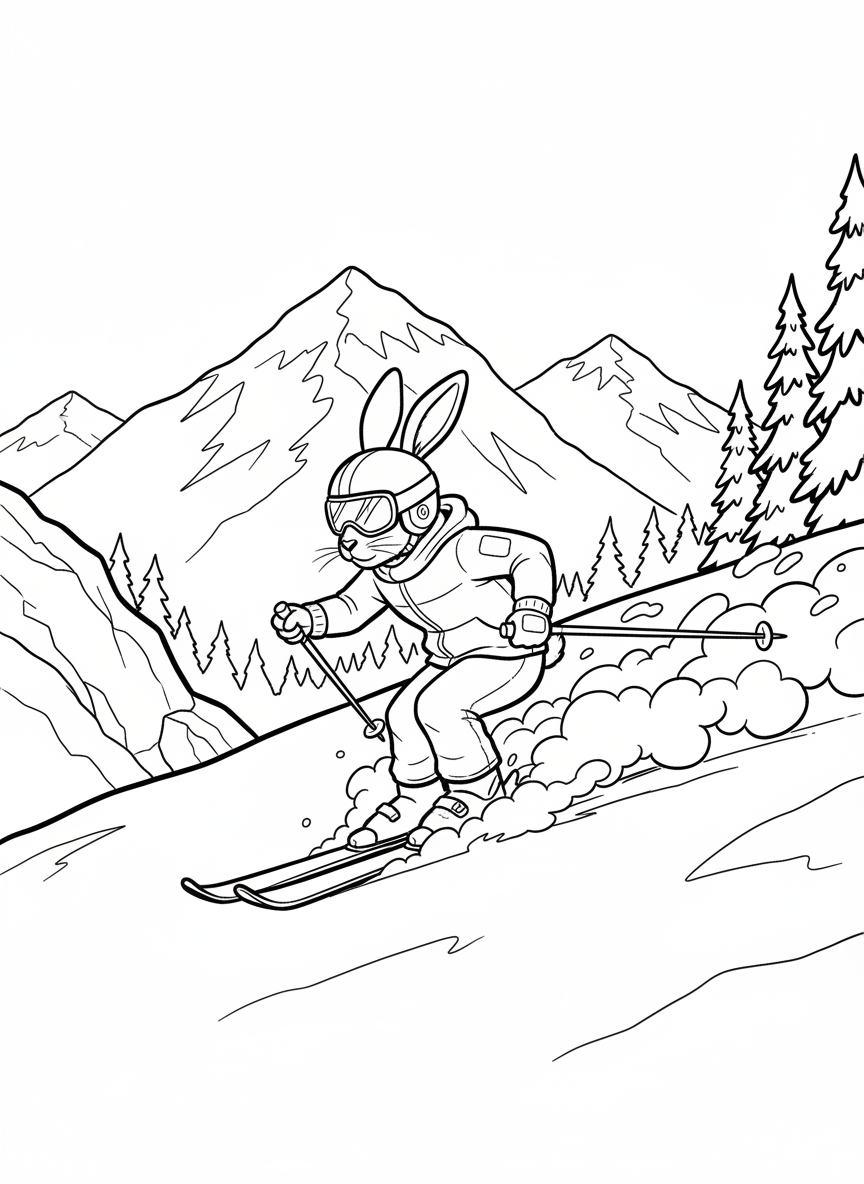A rabbit in ski gear racing downhill with ski poles, snow spraying behind, mountains visible in the distance, clean outlines perfect for kids.