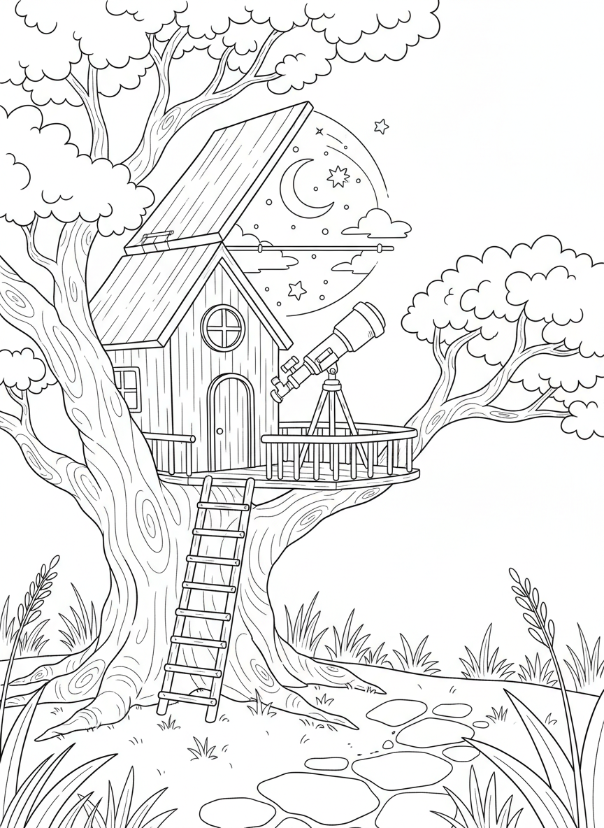 A treehouse with a sliding roof panel that opens to reveal the night sky, with a telescope ready for viewing.