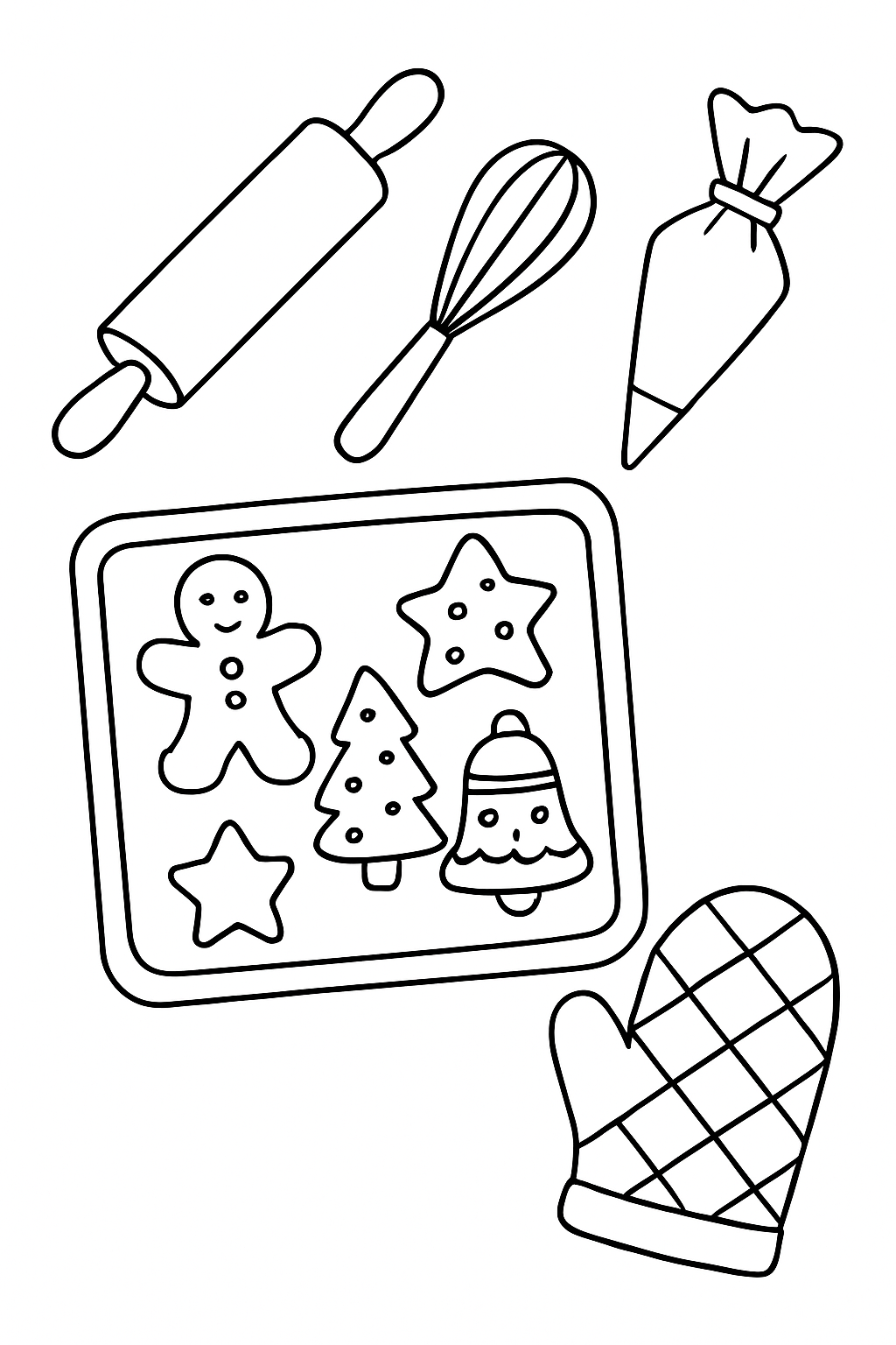 Holiday cookie baking icons: rolling pin, whisk, piping bag, cookie tray, oven mitt