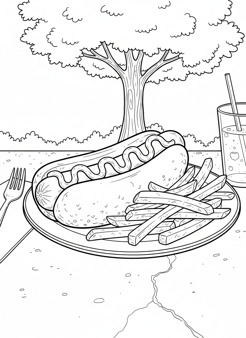 A hot dog in a bun with wavy mustard and ketchup lines, served with french fries on the side.