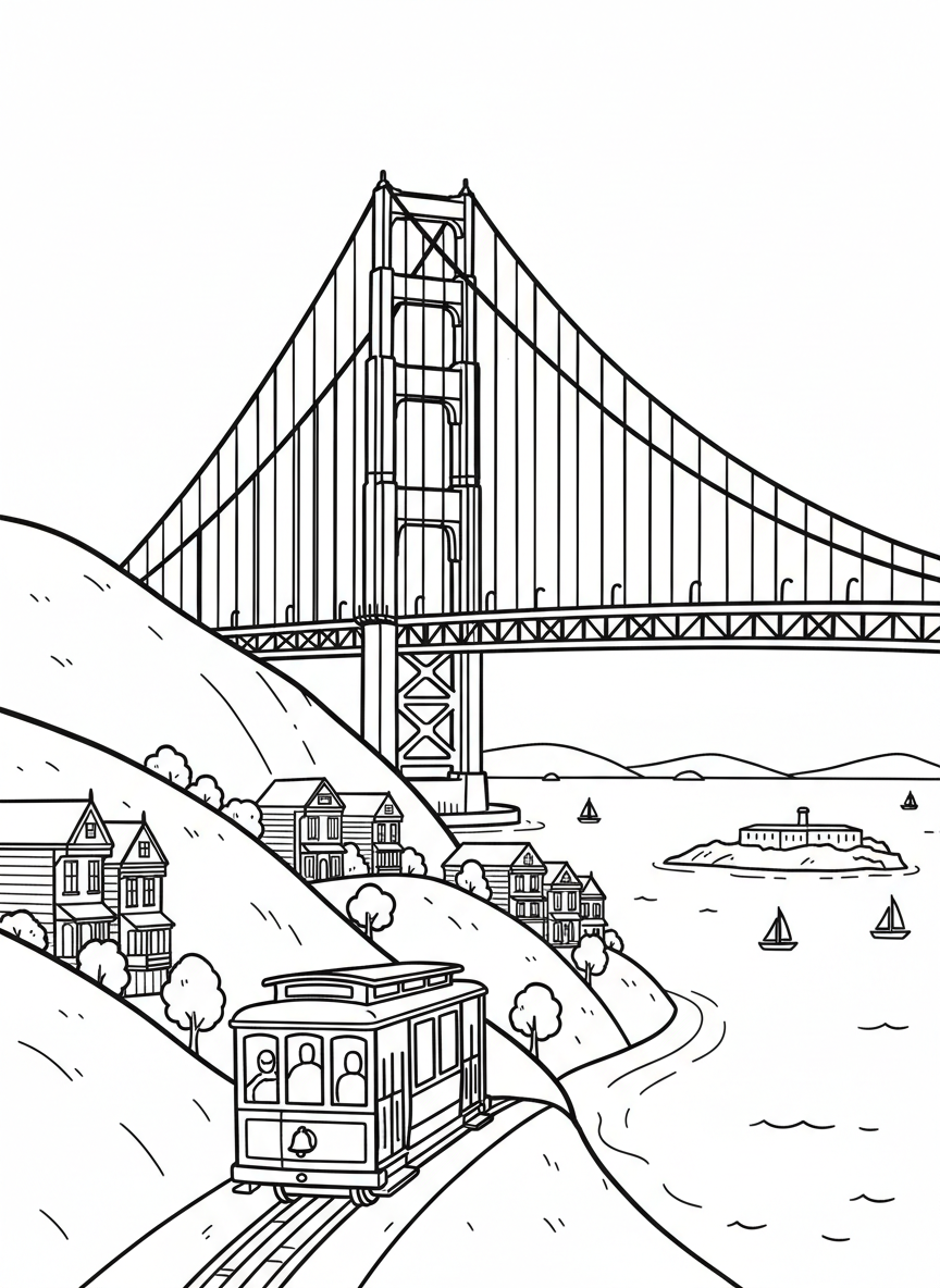 A simple map-style illustration showing San Francisco's hills, the Golden Gate Bridge, cable cars, and the bay, educational overview drawing.
