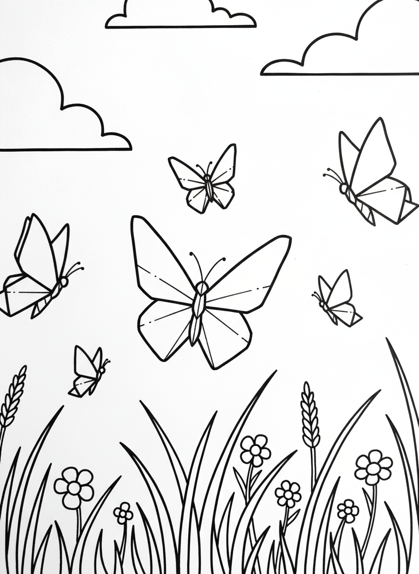 A scene with five origami butterflies of varying sizes flying over a meadow with simple cloud shapes