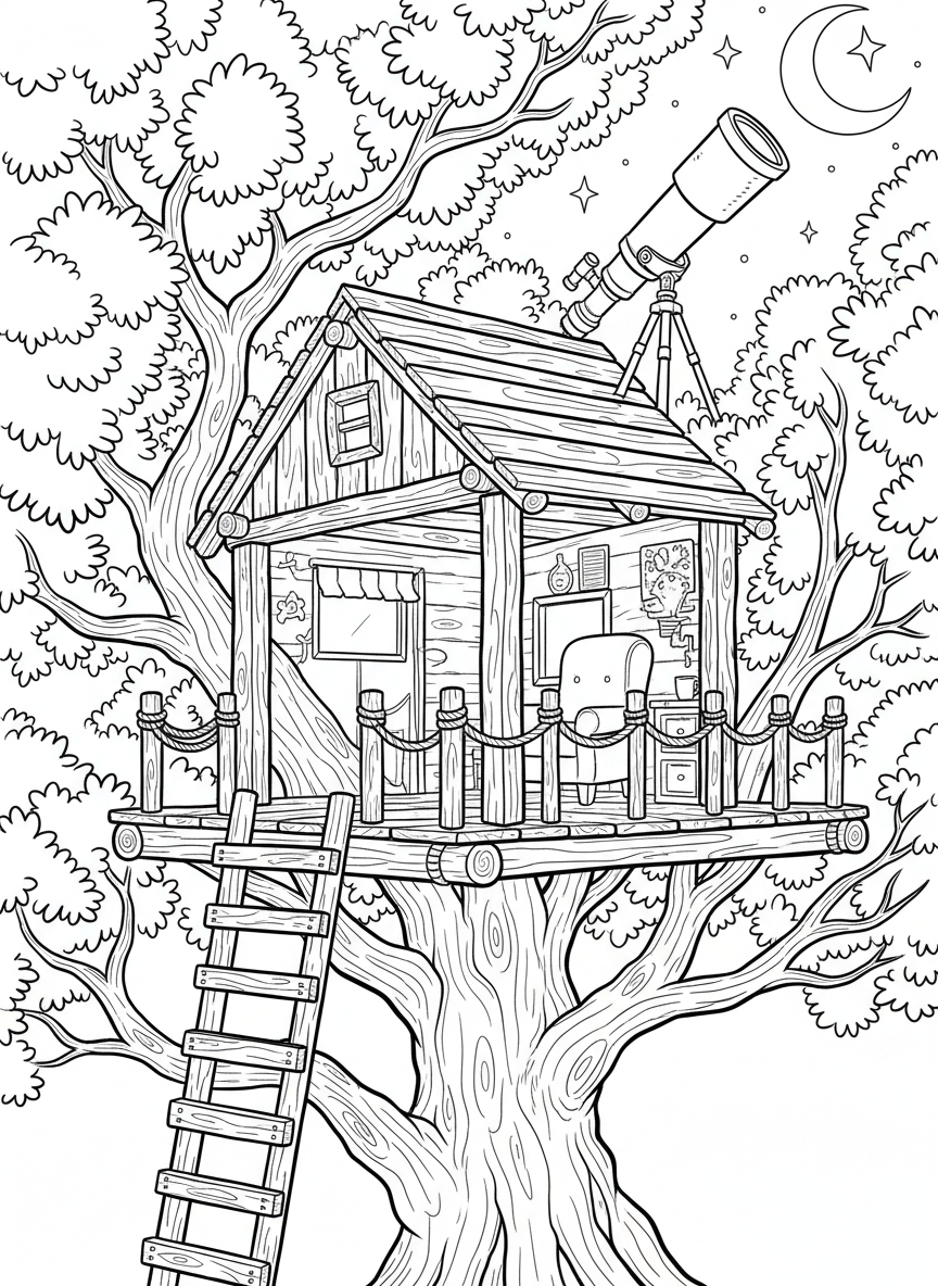 A cozy treehouse with a large telescope pointing toward the night sky, surrounded by leafy branches and a wooden ladder leading up to the platform.