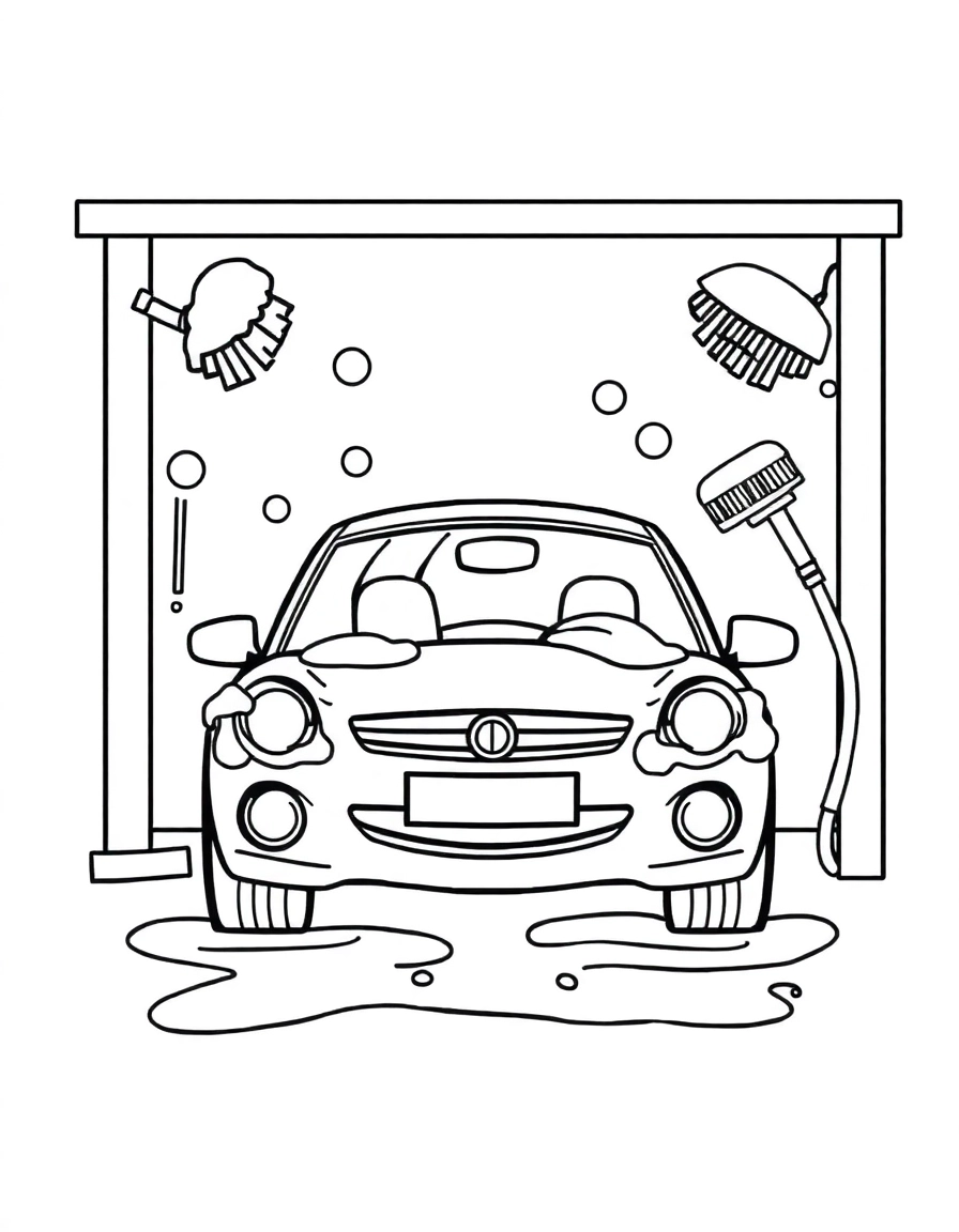 A car wash scene with big soapy bubbles, spinning brushes, and a happy car getting cleaned