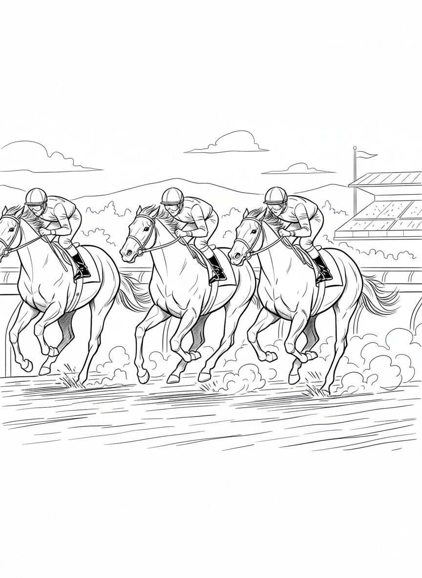 Three racehorses galloping side-by-side down the homestretch, their jockeys leaning forward in racing position.