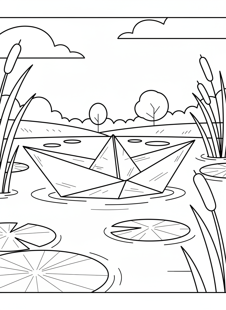 A simple origami rowboat with visible paper fold lines, floating peacefully on a pond with lily pads and cattails around it.