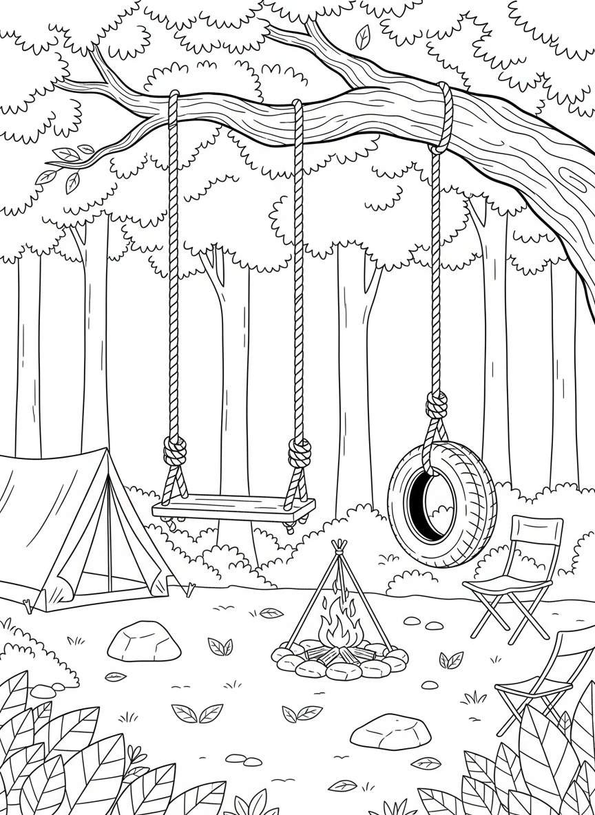 A rope swing hanging from a large tree branch near a campsite, with a tire swing and forest background.