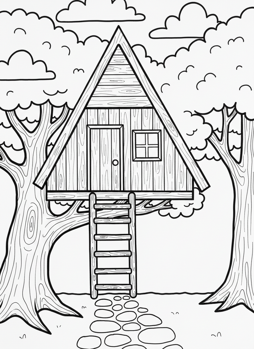 A simple A-frame treehouse with a triangular roof, single door, and small window, perfect for beginner builders.